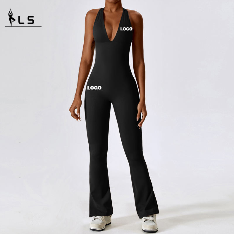 SC1077 Women V Neck Backless One Piece Jumpsuits Gym Romper Sexy Spandex Bodycon Bodysuit